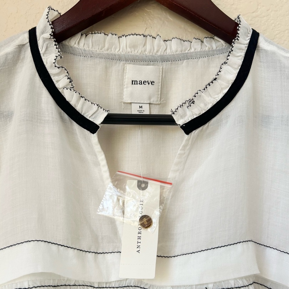 NWT Anthropology Maeve Balloon-Sleeve V-Neck Stitched Blouse Size M - Picture 6 of 8